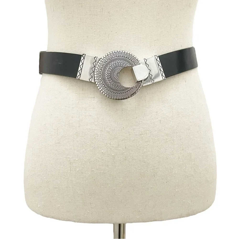 Chico’s Black Genuine Leather Belt SM Silver Round Medallion Buckle Boho Tribal